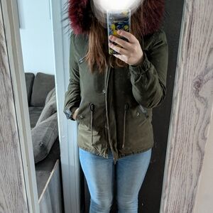 Forever 21 Olive Green Puffer Jacket with Faux Fur Hood